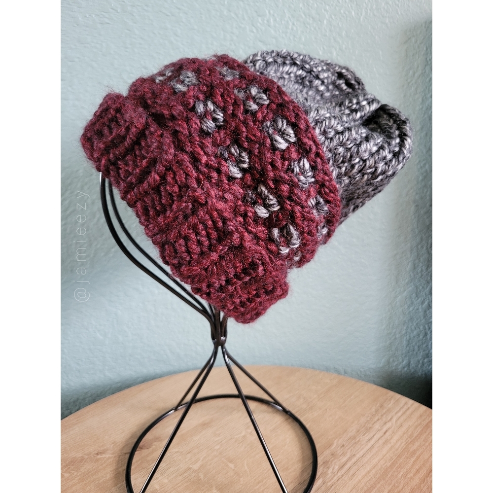 Two-Tone Waffle-Base Knit Beanie - Charcoal/Burgundy (Handmade) - Picture 1 of 12